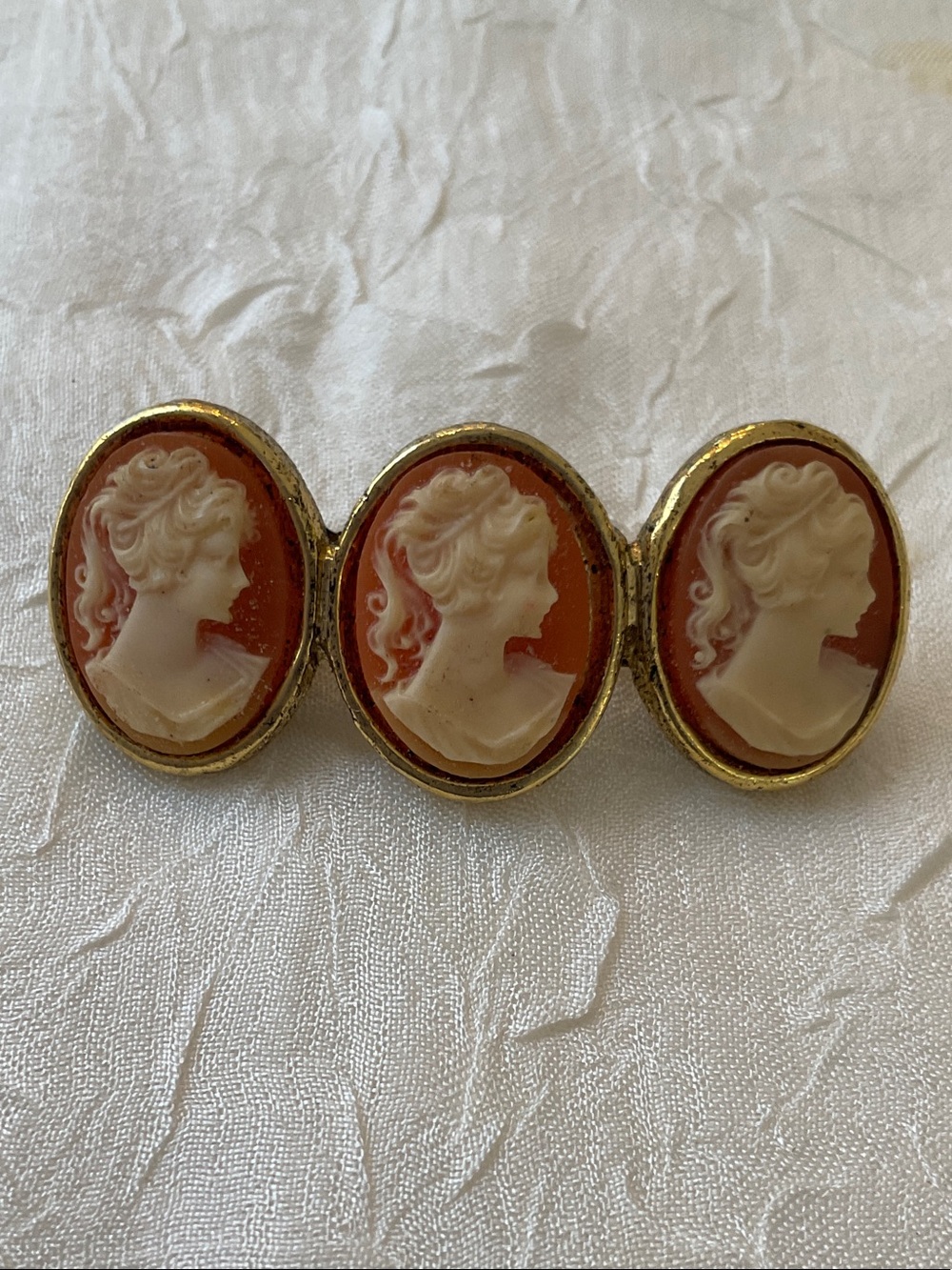 Triple Cameo Barrette in Gold-Tone with Orange and Ivory Profiles